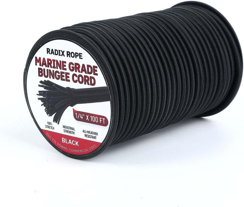 Radix Rope حبال بونجي من الدرجة البحرية للاستخدام الثقيل في الهواء الطلق - لفة حبل بونجي - حبل مرن 100% وقابل للامتصاص للصدمات لحوض الكاياك، التخييم، الحرف اليدوية (1/4" × 100 قدم) - Image 1